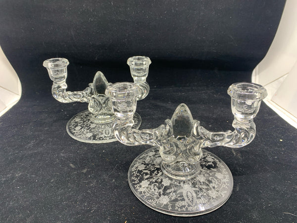 2 VTG FLORAL ETCHED TAPER CANDLE HOLDERS.