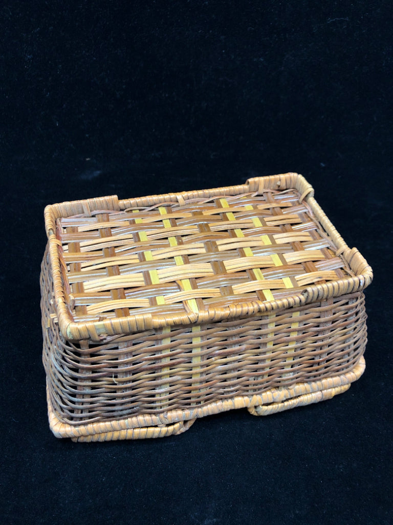 SMALL RECTANGLE BROWN WOVEN BASKET WITH HANDLES.