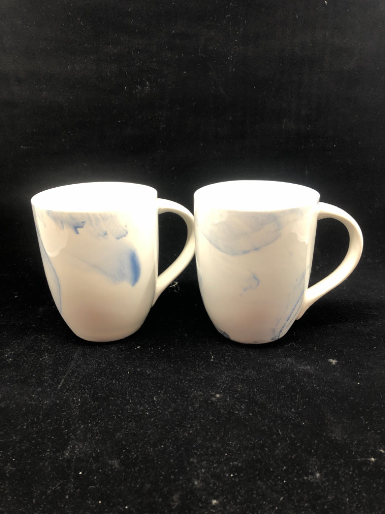 2 BLUE SWIRLED MUGS.