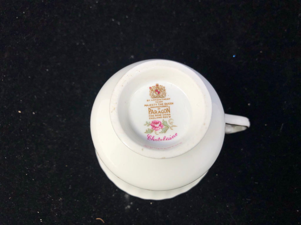 VTG CHATELAINE TEA CUP + SAUCER W BLUE AND PINK FLOWER DESIGN.