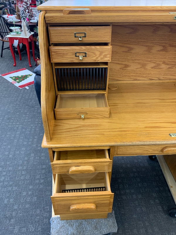 BLONDE WOOD ROLL TOP DESK.