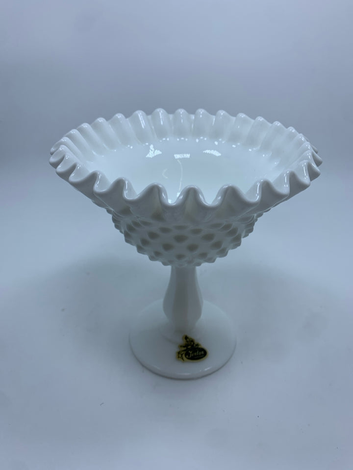 VTG FENTON MILK GLASS HOBNAIL CRIMPED PEDESTAL CANDY DISH.