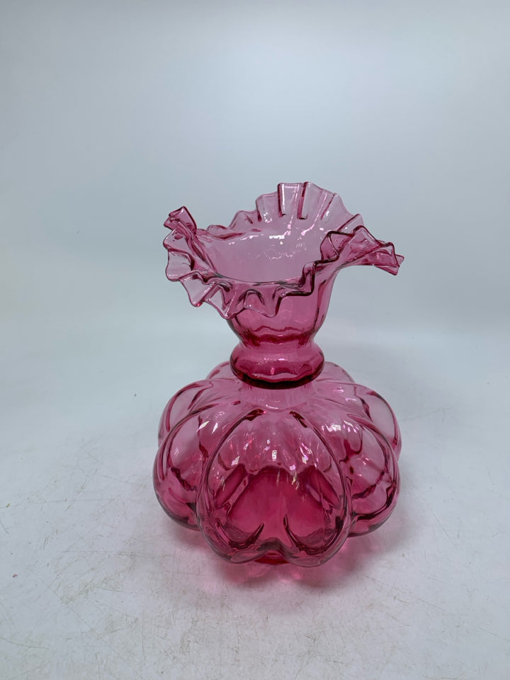 VTG FENTON RUFFLED RIM MELON VASE.