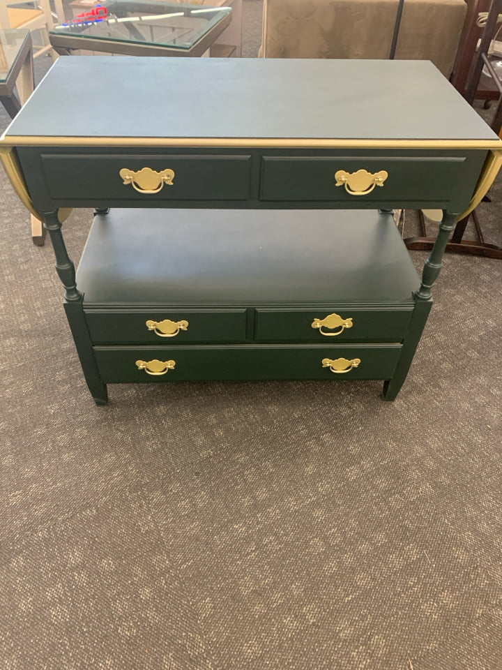 GREEN PAINTED CONSOLE/ BUFFET TABLE WITH FOLDING SIDES.