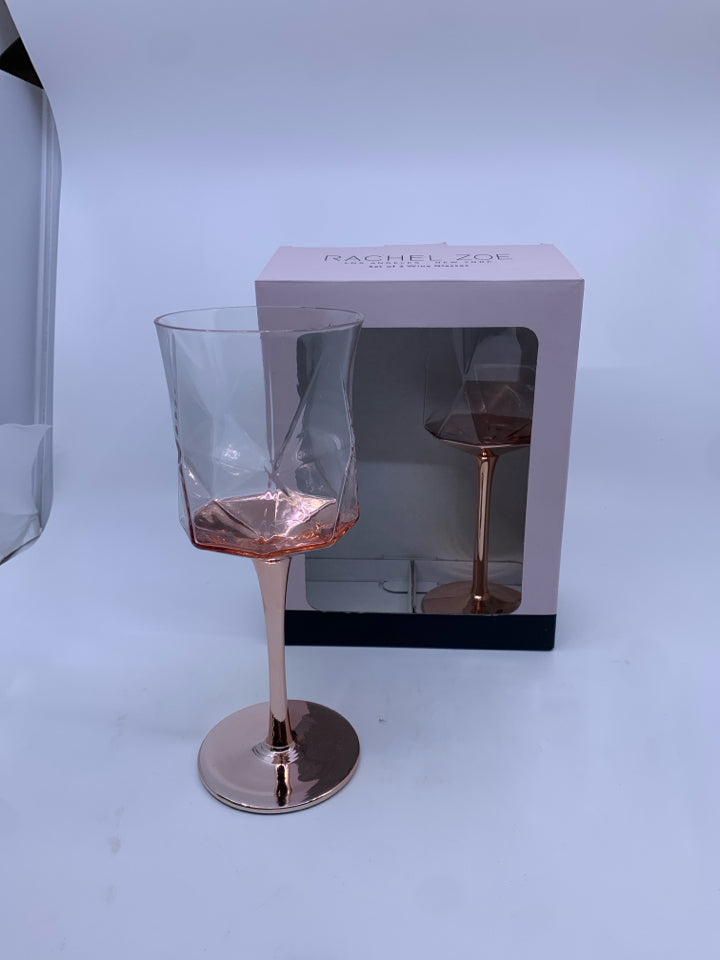 2 NIB RACHEL ZOE PRISM /ROSE GOLD STEM WINE GLASSES.