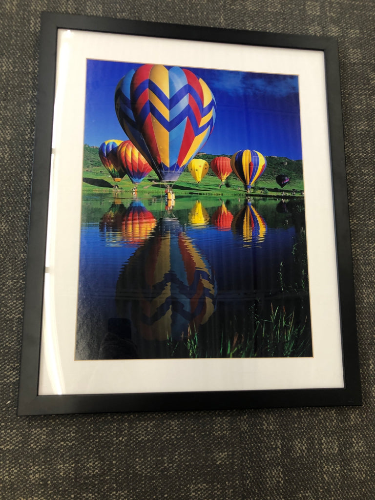 COLORFUL HOT AIR BALLOONS OVER WATER WALL ART BLACK FRAME.
