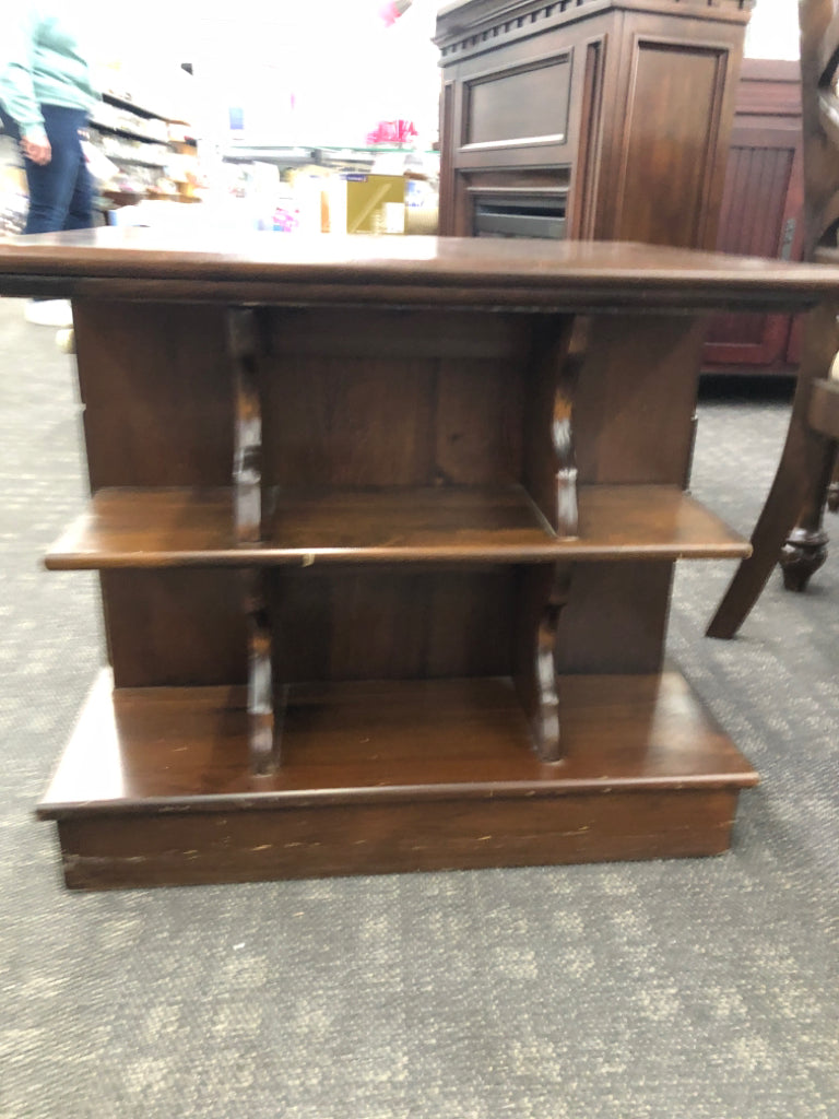 DARK WOOD SIDE TABLE WITH DRAWER/DOOR AND SHELVES.