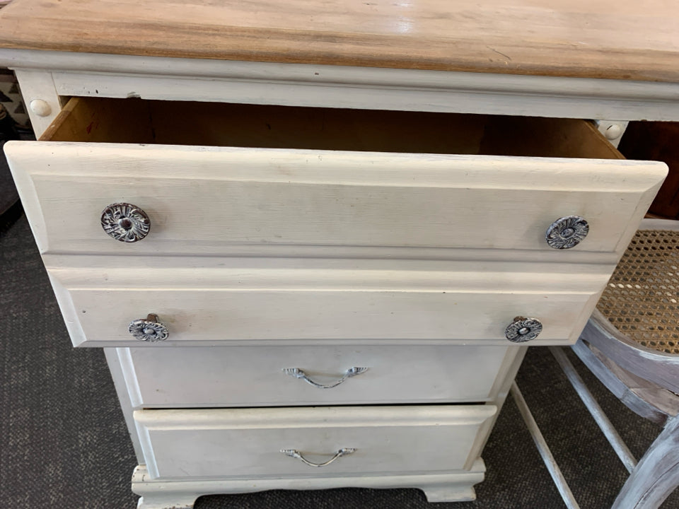 RUSTIC OFF WHITE DESK W/ 3 DRAWERS + CANE CHAIR.
