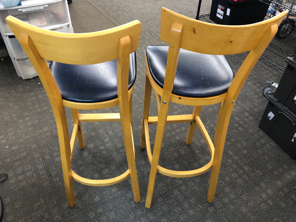 2 HIGH BACK BAR STOOLS W/FAUX BLUE LEATHER SEAT.