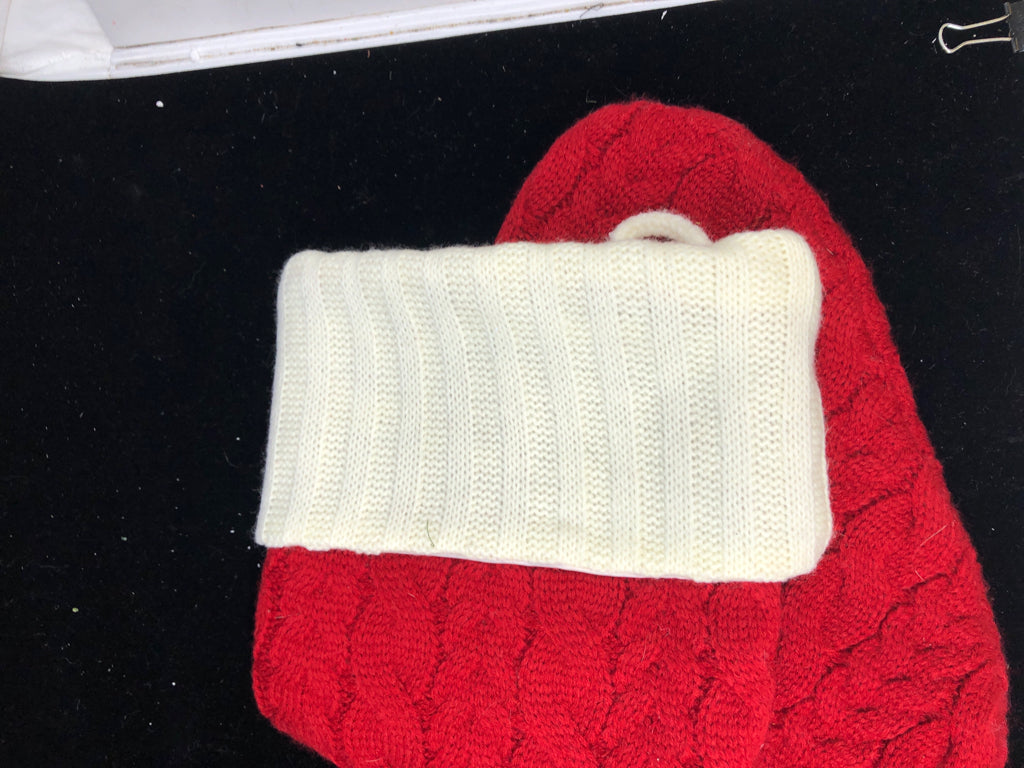 RED AND WHITE KNITTED "P" STOCKING.