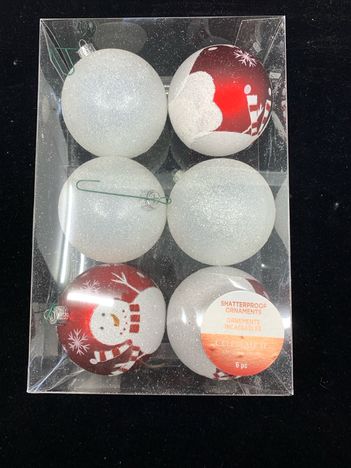 NIB RED AND WHITE SNOWMAN SHATTER PROOF ORNAMENTS.