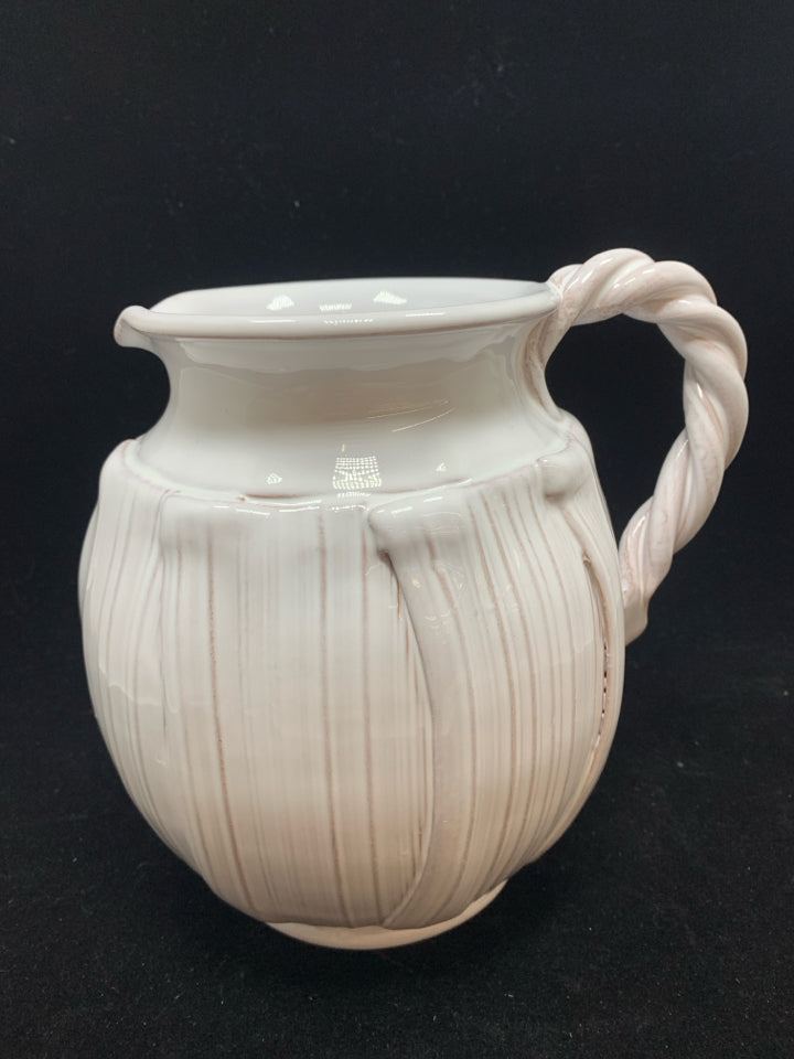 WHITE GLAZED CERAMIC PITCHER W/SPUN HANDLE.