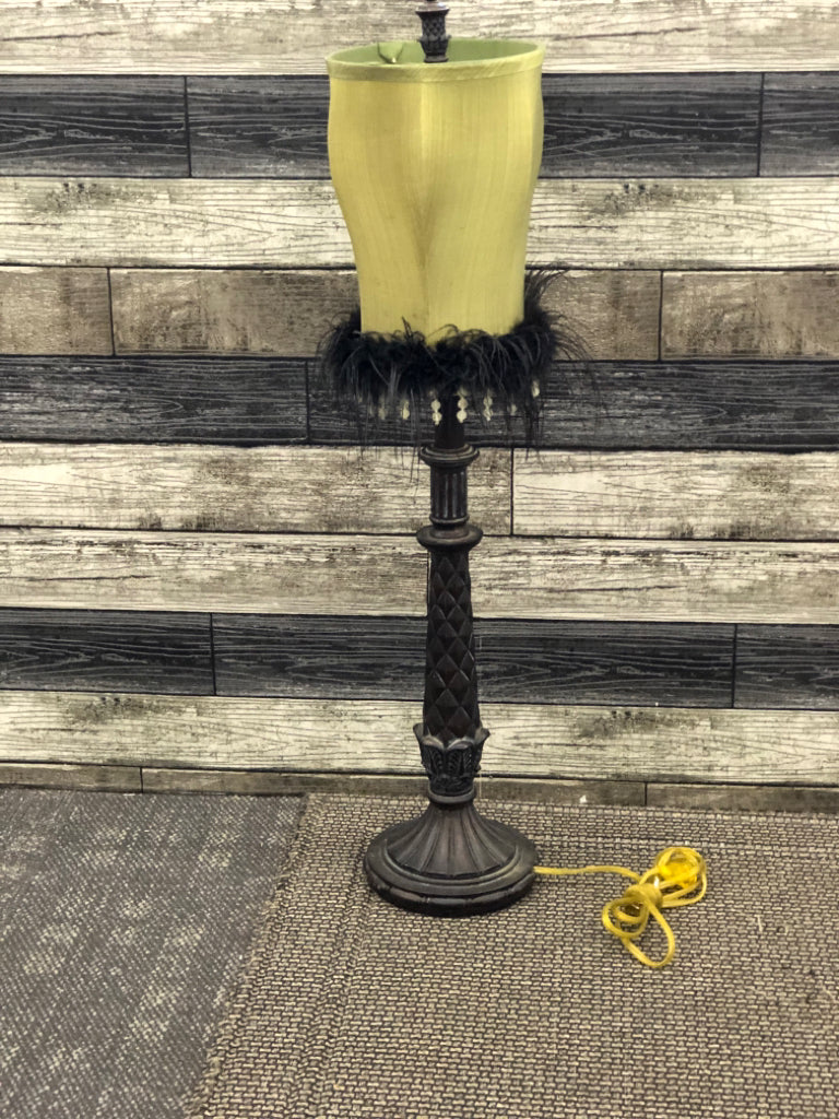 BROWN METAL LAMP W/GREEN SHADE- BLACK FEATHERS.