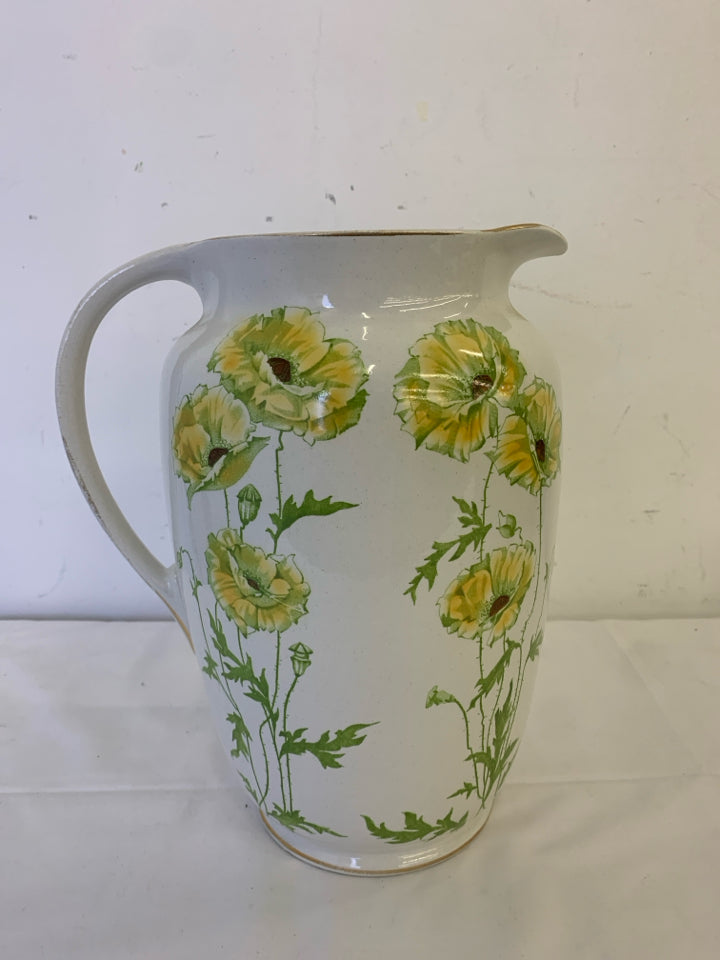 VTG YELLOW GREEN FLORAL LARGE PITCHER.