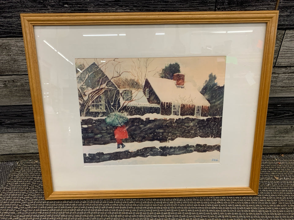 GIRL WALKING ON A SNOWY DAY WITH UMBRELLA WALL HANGING.