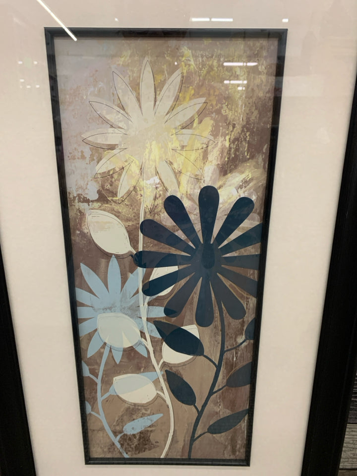 BLUE FLORAL DESIGN BLACK FRAME WALL HANGING.