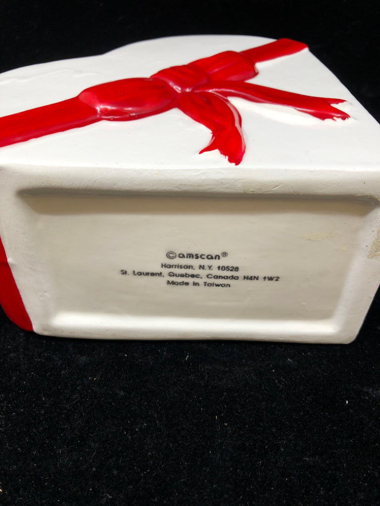 CERAMIC WHITE HEART PLANTER W/RED BOW.