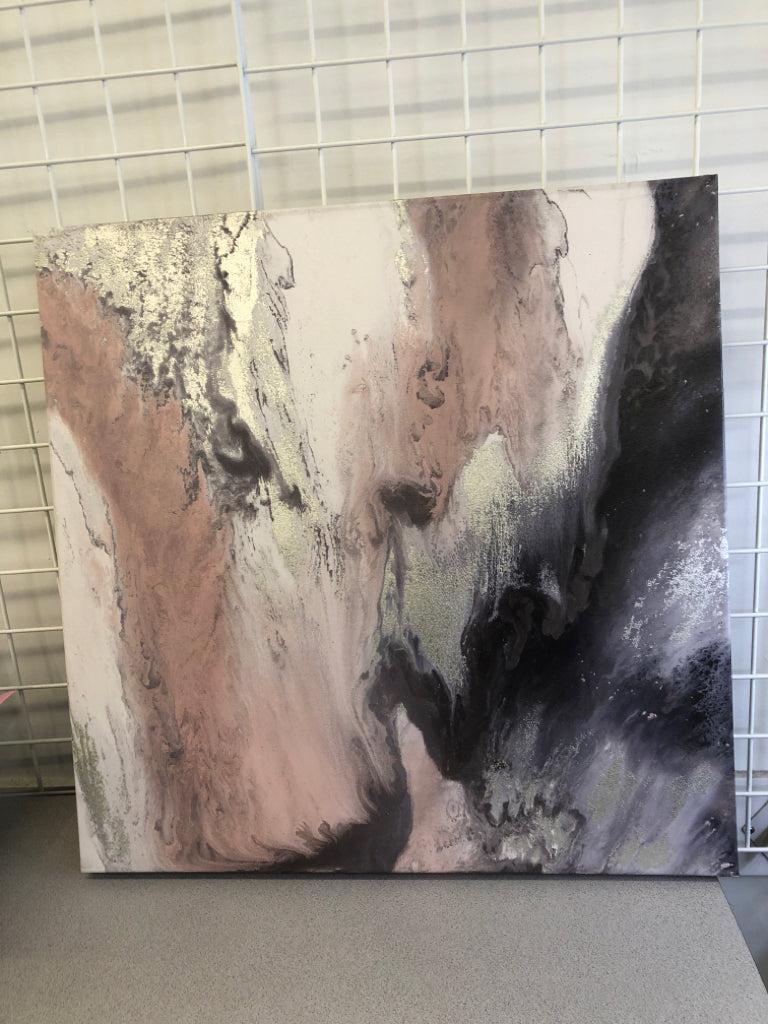 ABSTRACT GREY MARBLE CANVAS W/ PINK.