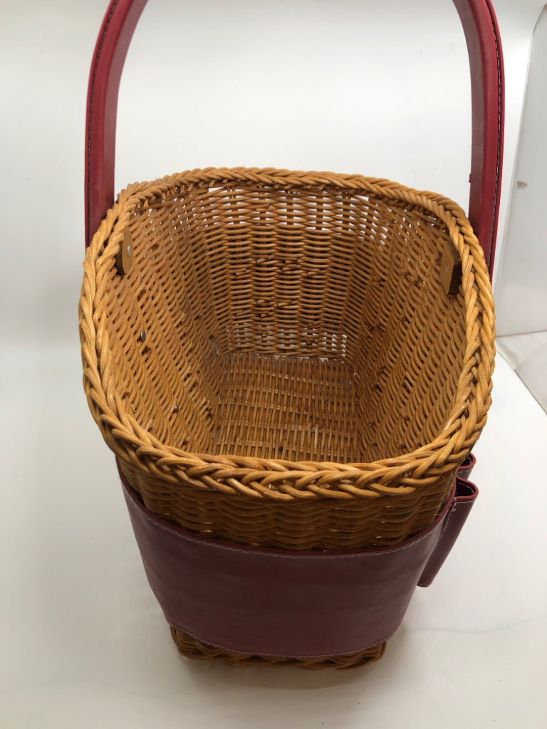 RED POCKET & WICKER CRAFT STORAGE BIN.