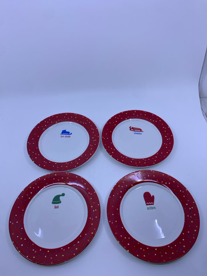 4 RED RIMMED HOLIDAY DECORATIVE PLATES.