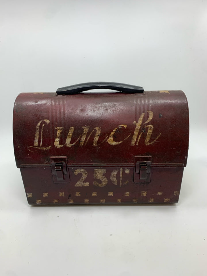 PRIMITIVE RED TIN "LUNCH" LUNCH BOX.