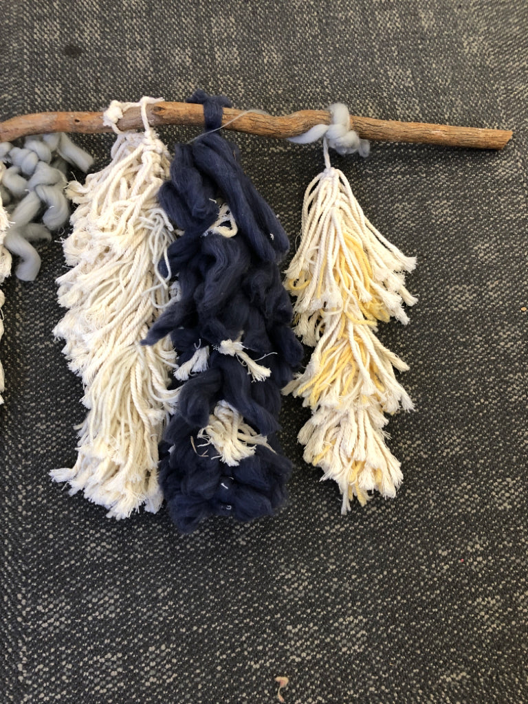 STICK WALL ART-MACRAME GREY+BLUE BRAIDED.