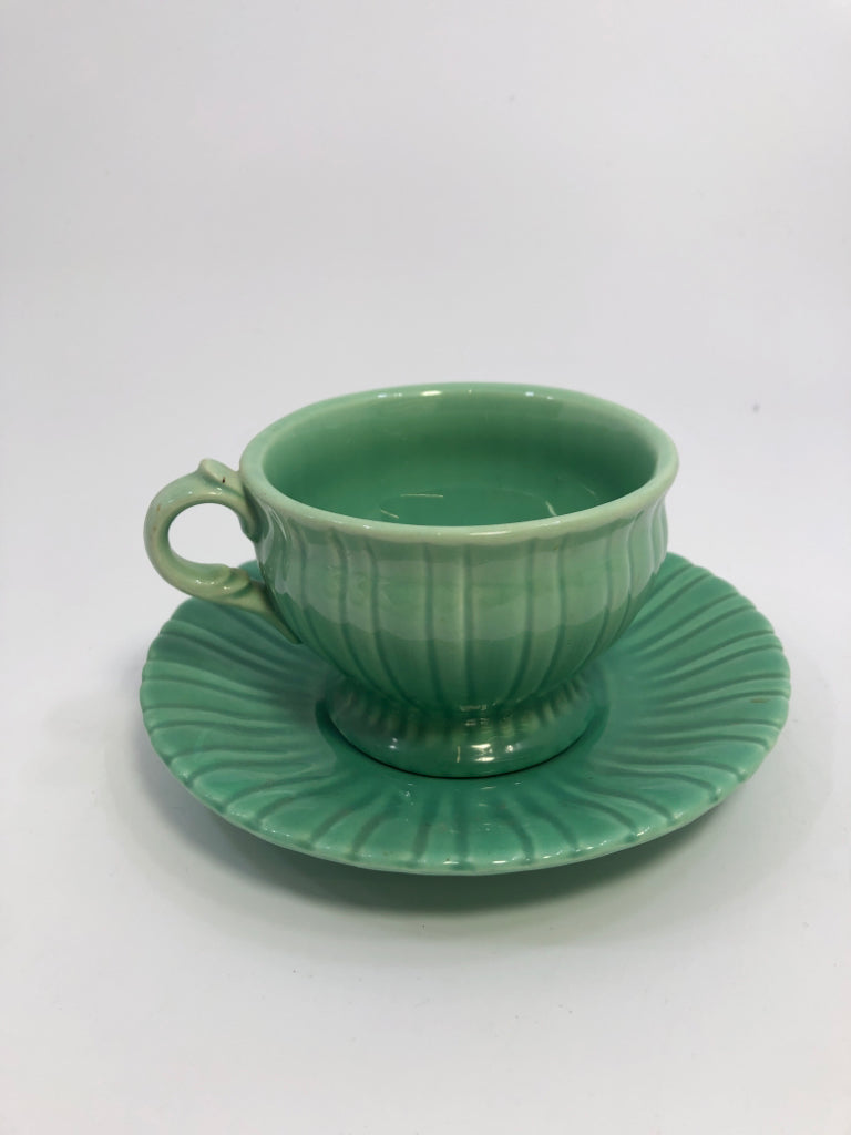 VTG BLUE GLAZED CUP & SAUCER.