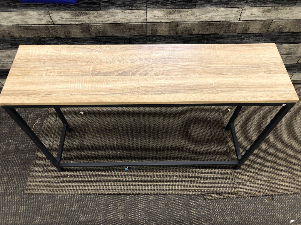 METAL BASE, WOOD TOP SOFA TABLE.