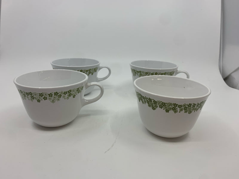 4 GREEN FLORAL CORELLE MUGS.