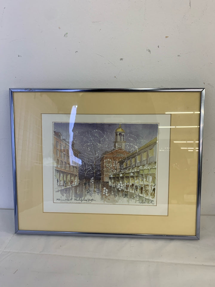 SNOW FANEUIL HALL CITY SCAPE FRAMED PRINT.