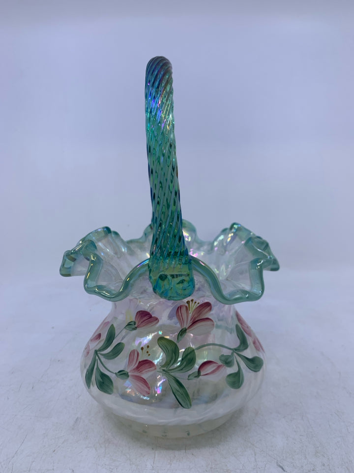 90TH ANNIVERSARY OPALESCENT SPIRAL OPTIC BASKET PAINTED FLOWERS.