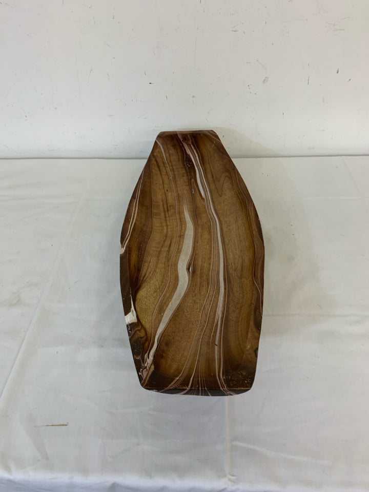 DARK WOOD W WHITE CARVED OVAL CENTERPIECE.