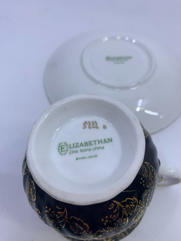 VTG BLACK W/GOLD DESIGN TEA CUP & SAUCER-ELIZABETHAN.