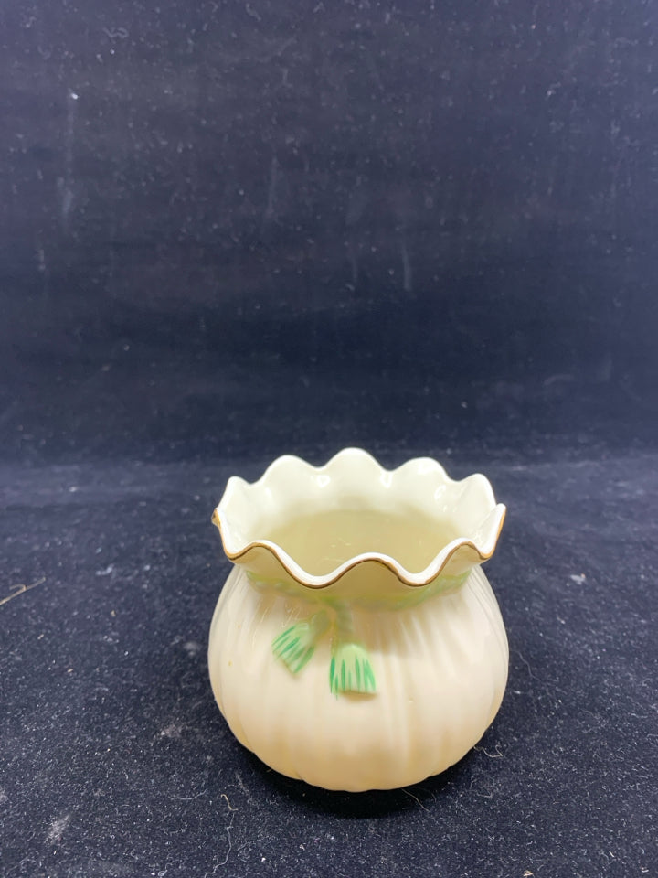 BELLEEK RUFFLED EDGE CREAM VASE.