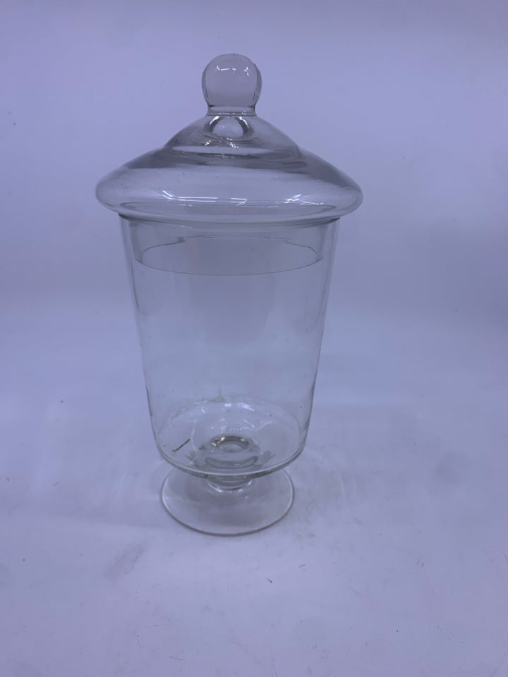 FOOTED GLASS JAR W LID.