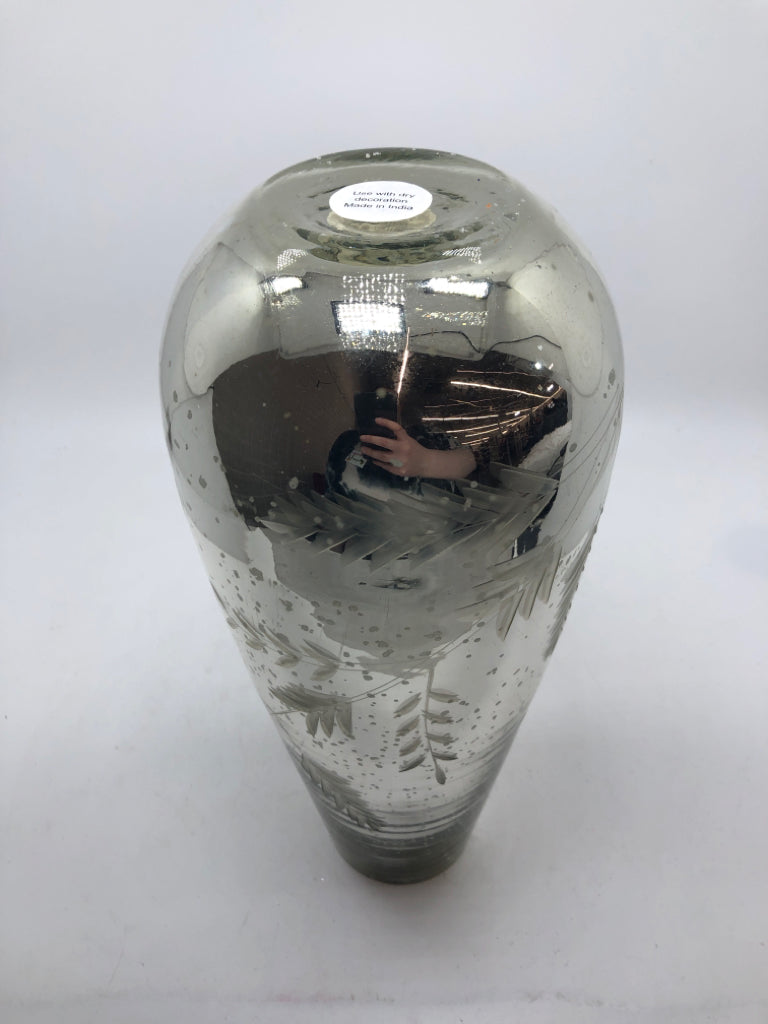 TALL MERCURY GLASS VASE W/ SPECKLES/LEAF DESIGN.