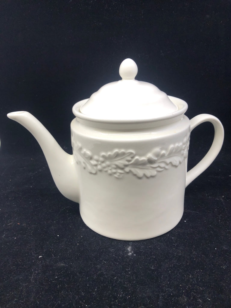 WHITE EMBOSSED MAPLE LEAVES TEAPOT.