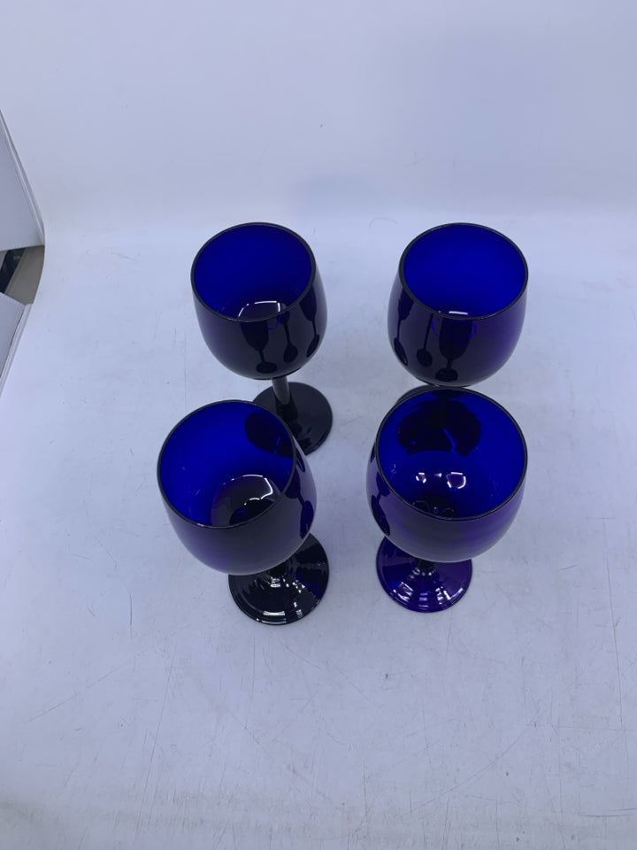 4 SMALL COBALT BLUE WINE GLASSES.