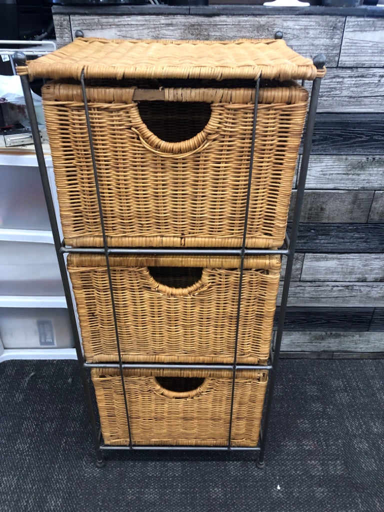 3 DRAWER WICKER STORAGE METAL FRAME.