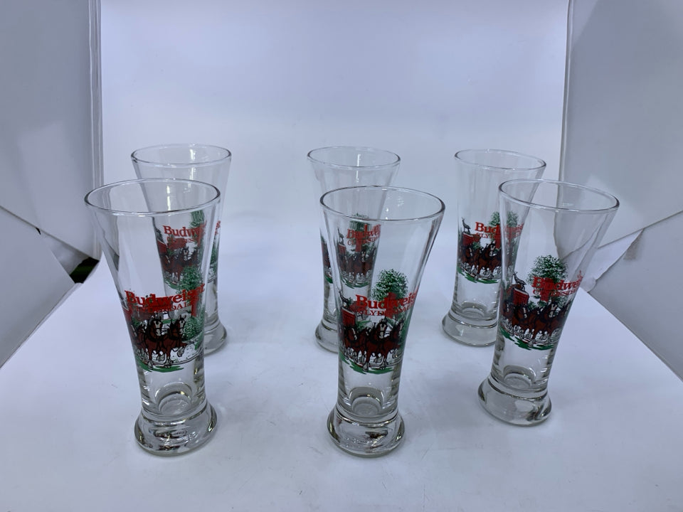 VTG 6 BUDWEISER CLYDESDALES PILSNER GLASSES.