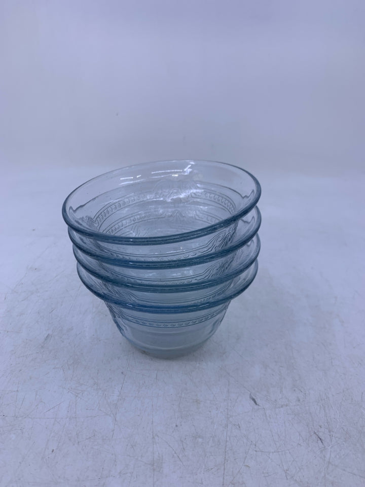 4 BLUE TINTED EMBOSSED DETAIL SAUCE BOWLS.