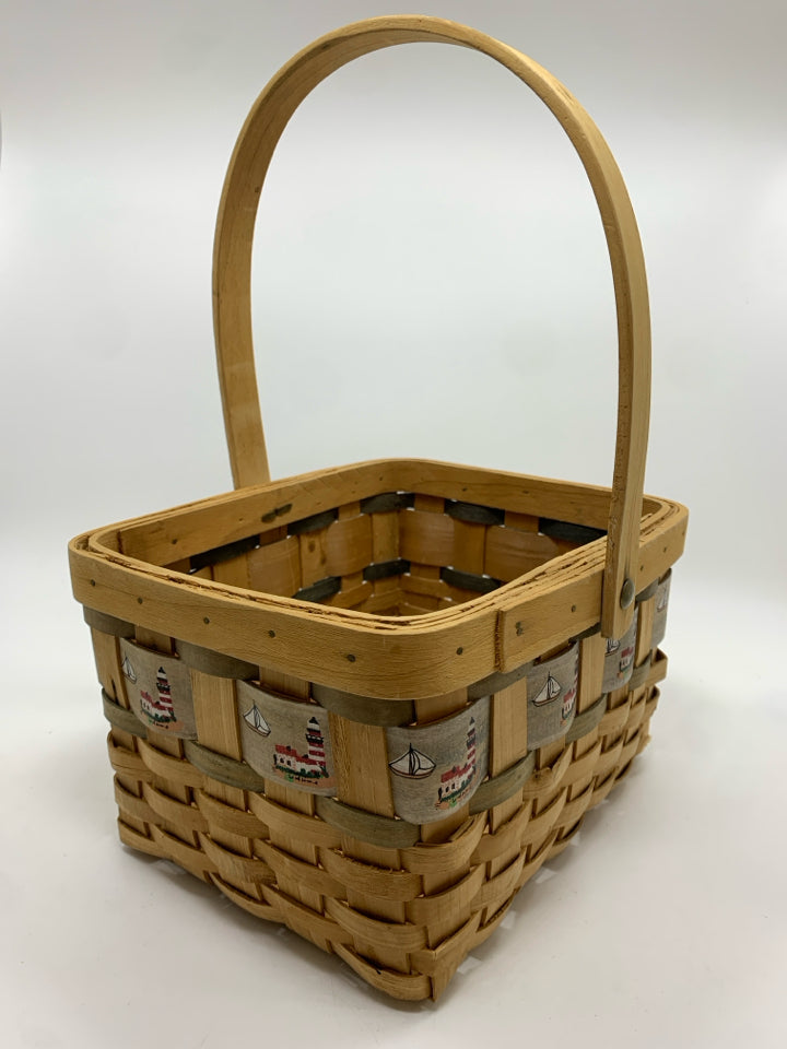 LIGHTHOUSE/SHIP ON SQUARE WEAVED BASKET.