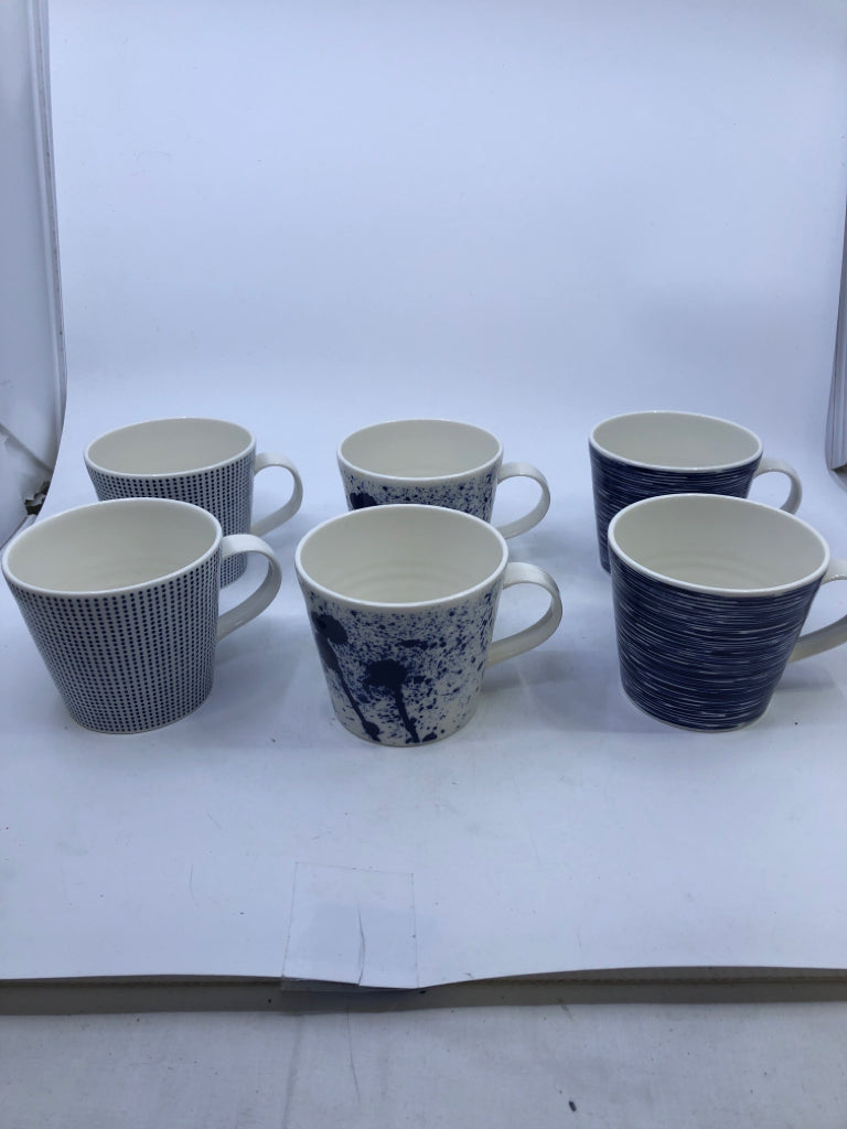 6 BLUE WHITE DOTS/SPATS/DEEP LINES MUGS ROYAL DOULTON PACIFIC.
