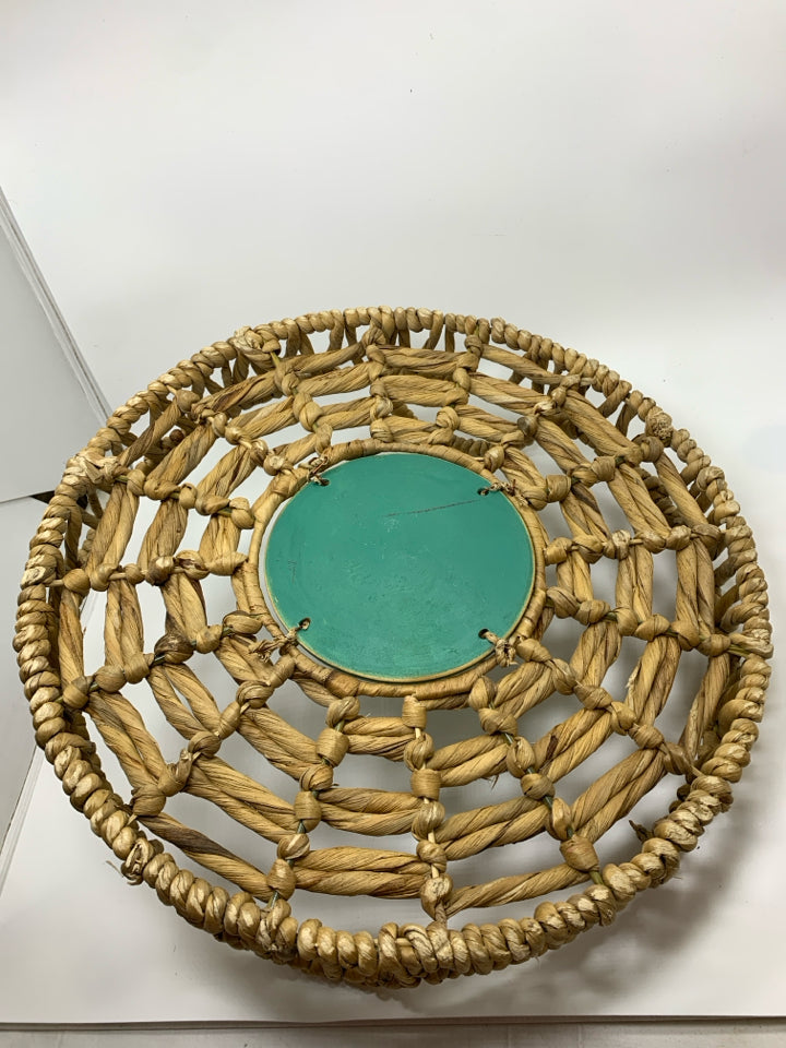WICKER TRAY W/CERAMIC BLUE CRACKLE CENTER.