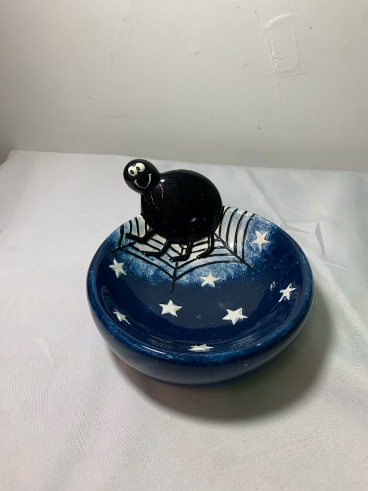BLACK SPIDER BLUE CANDY DISH.