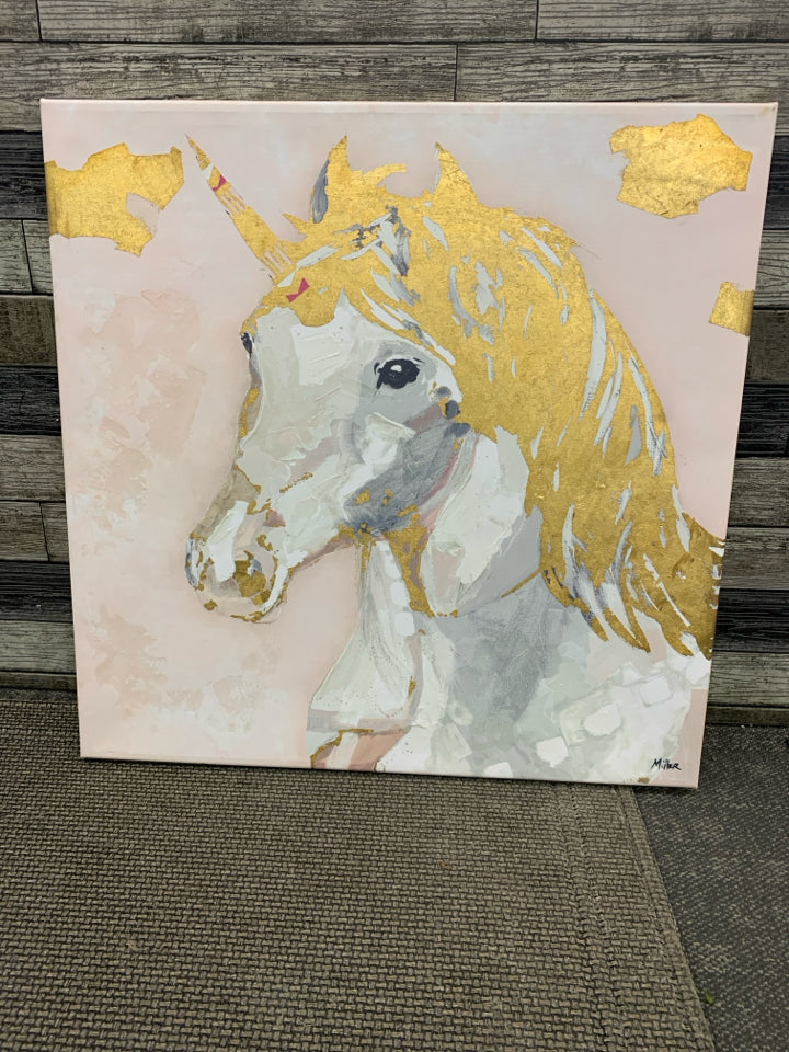 UNICORN W/GOLD HAIR ON CANVAS.