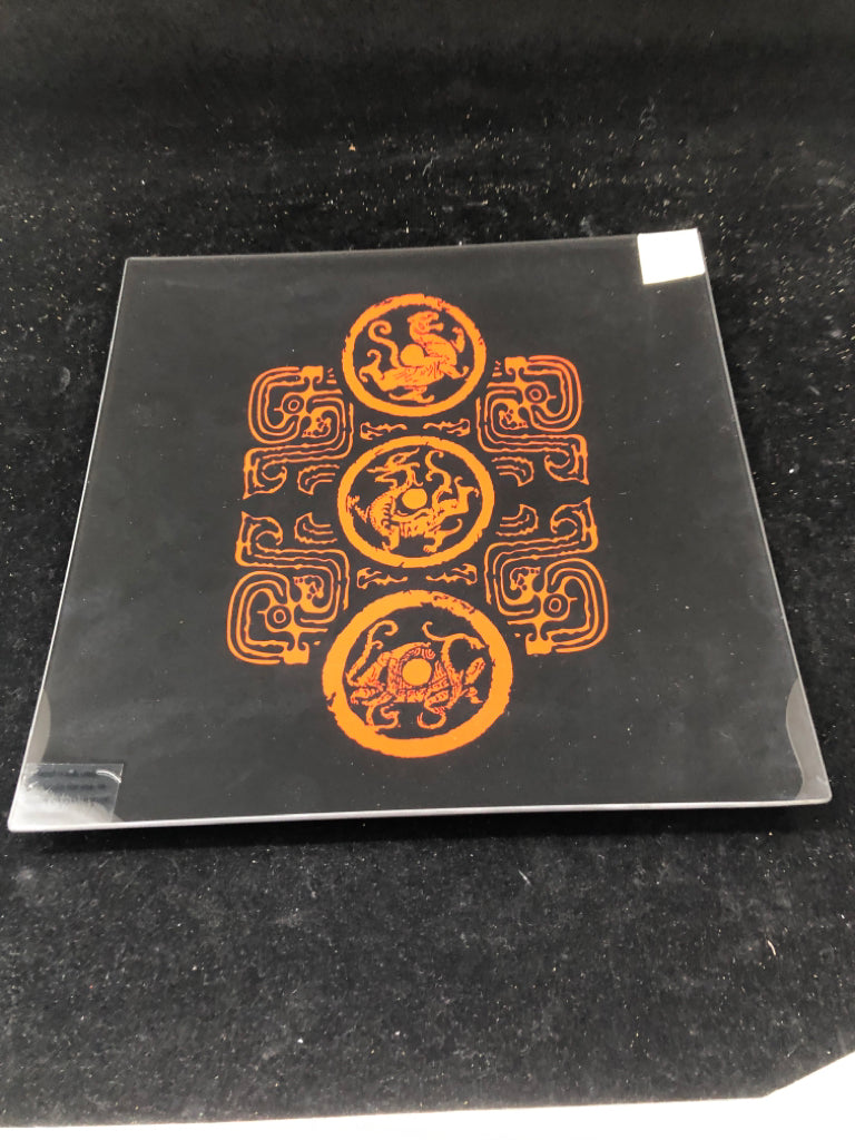 BLACK GLASS RED DRAGON SERVING PLATE.