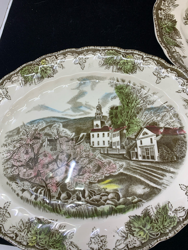 2 OVAL RED BARN SCENE JOHNSON BROS SERVING PLATTERS.