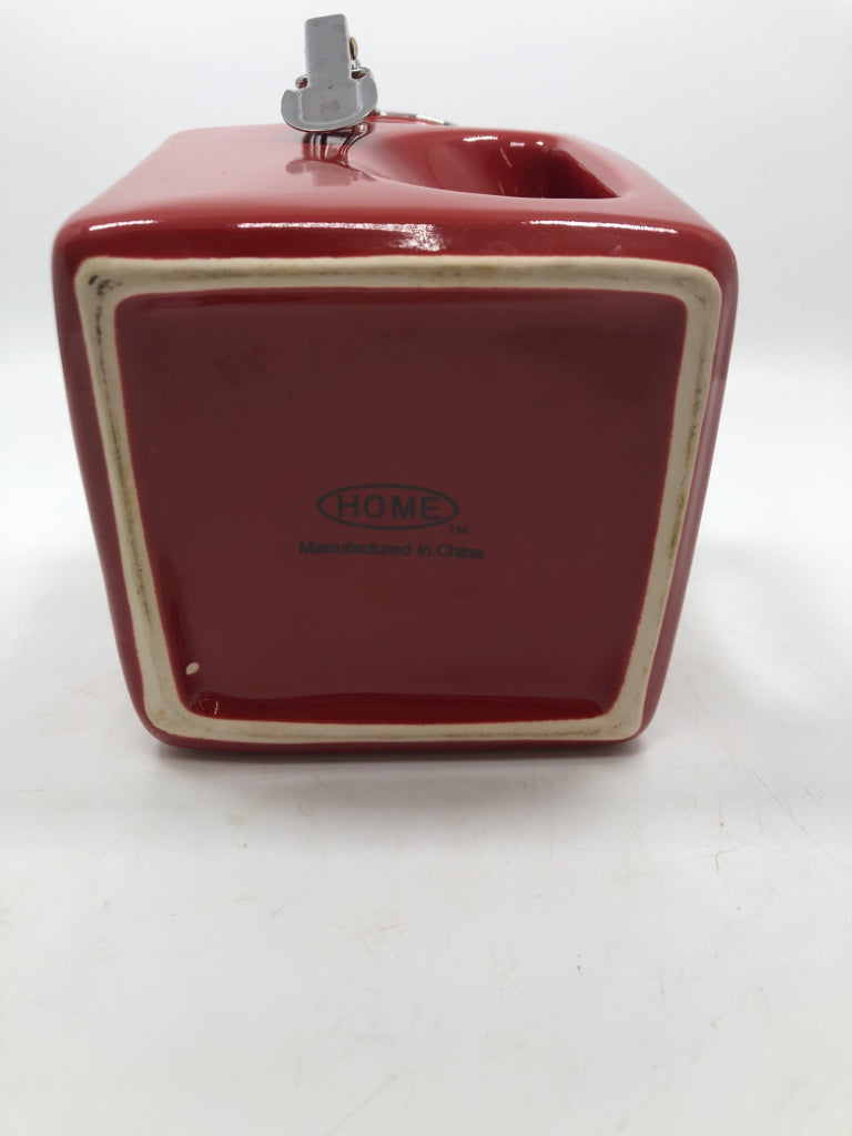 RED CERAMIC LOCKING FLIP TOP CANISTER W/HANDLE *NO SPOON.