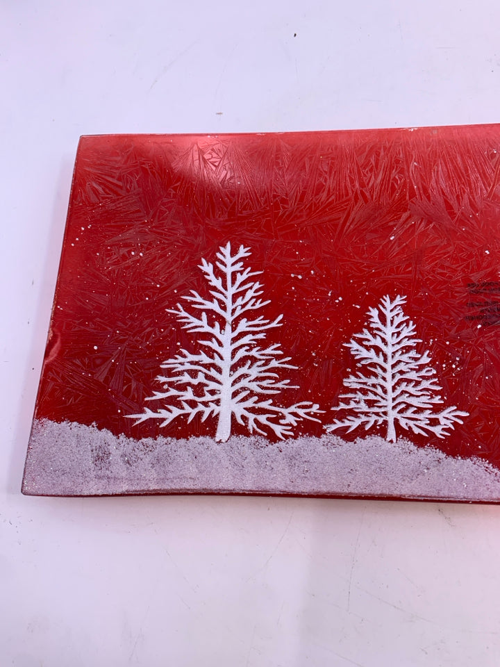 RECTANGLE RED GLASS WHITE GLITTER TREES PLATTER.